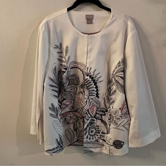 Chico’s Jacket Floral Print Open Front Size 2 (12 Large) White Long Sleeve Lined - Picture 1 of 9